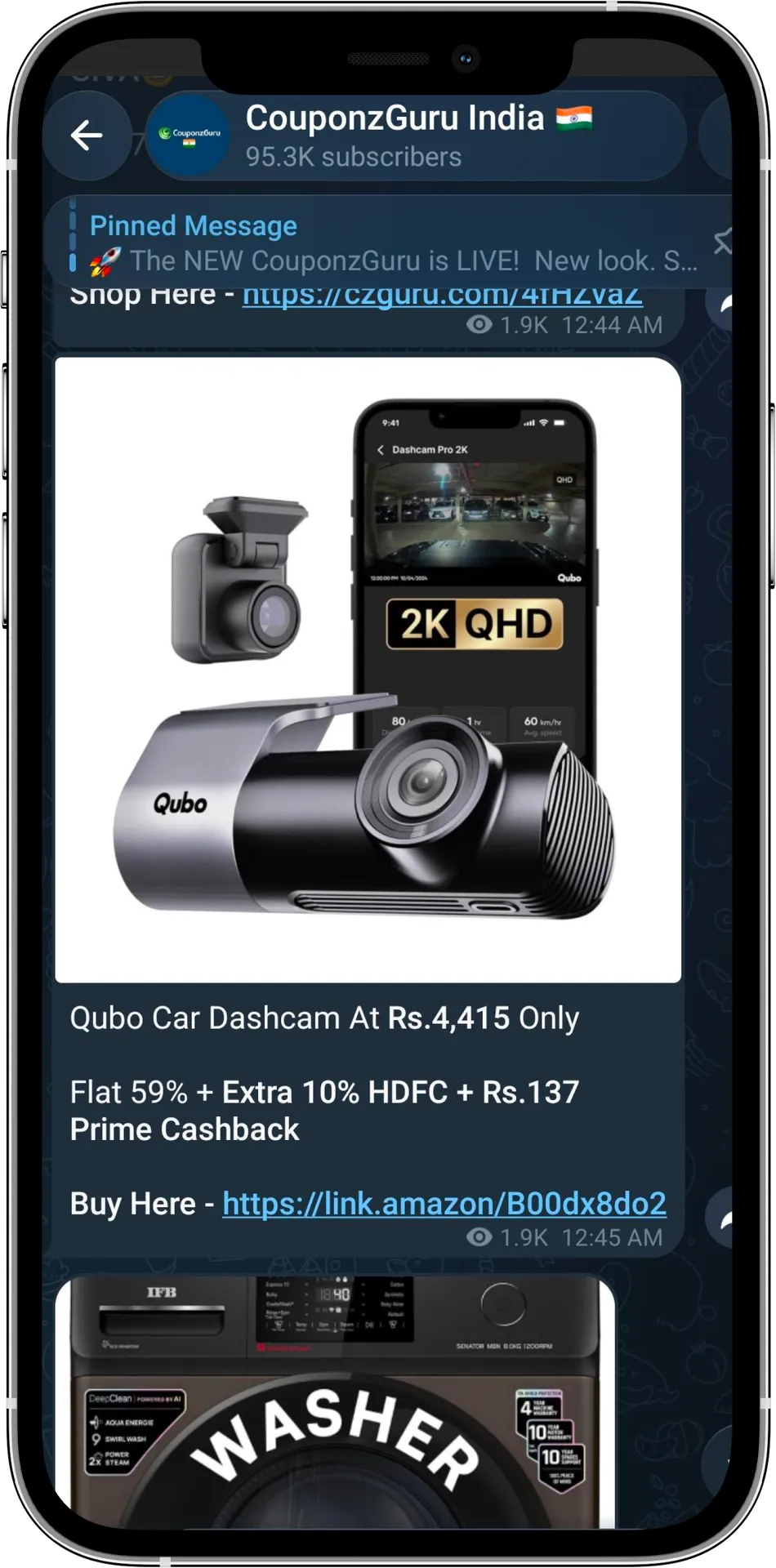 CouponzGuru India Telegram channel showing a Qubo car dashcam deal